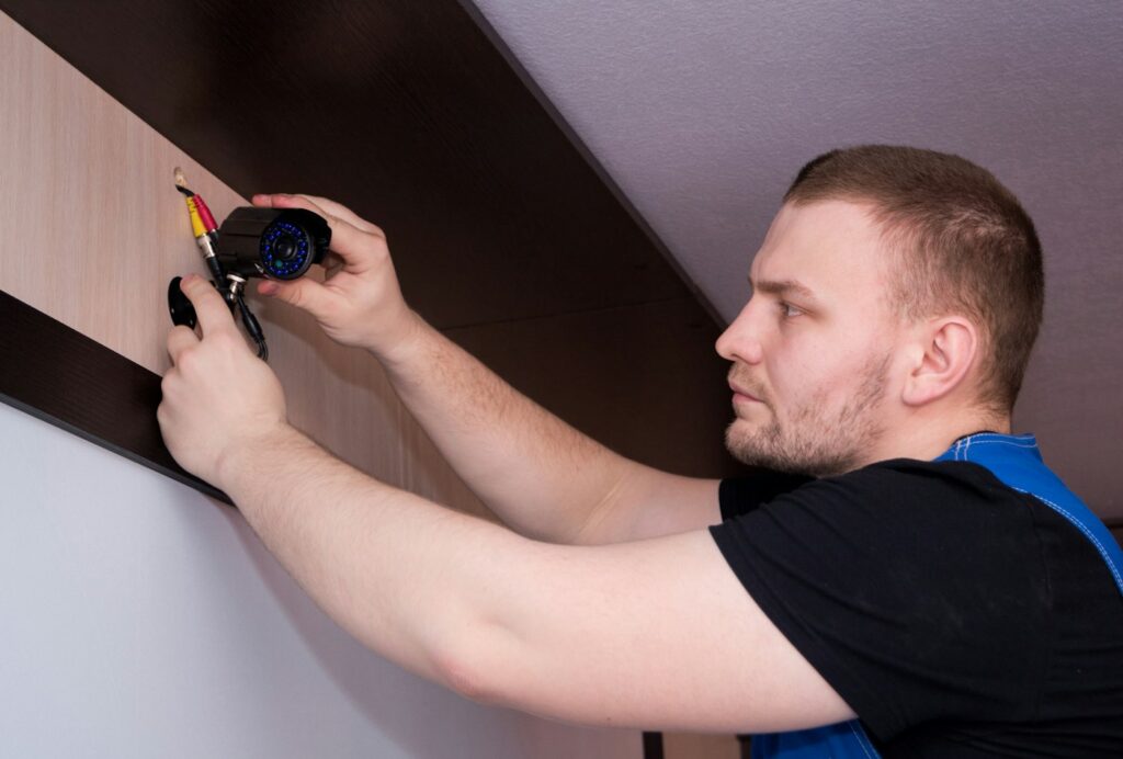 Técnico instalando câmera de segurança na parede